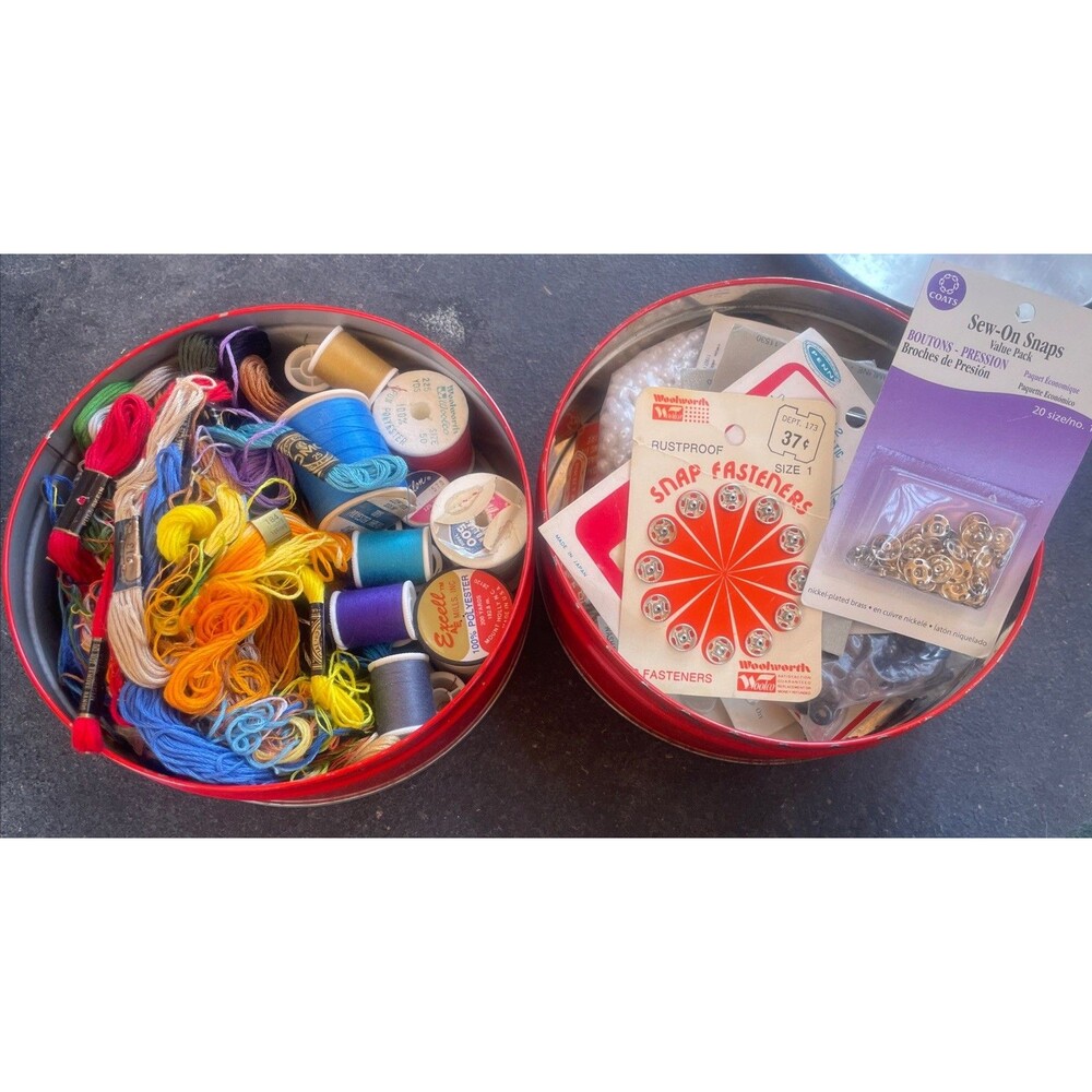 Vtg Lot of Sewing Accessories Tins Embroidery Thread, Needles, Snaps, Buttons
